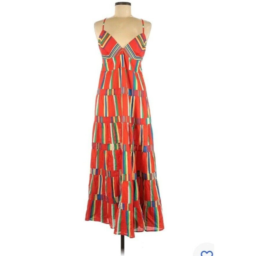 J. Crew Factory Red Multi-Stripe Spaghetti Strap Maxi Dress